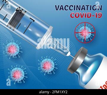 Vaccinazione striscione contro Coronavirus Covid-19. Fiale, flaconcini di vaccino. Siringa con iniezione. illustrazione vettoriale 3d realistica Illustrazione Vettoriale