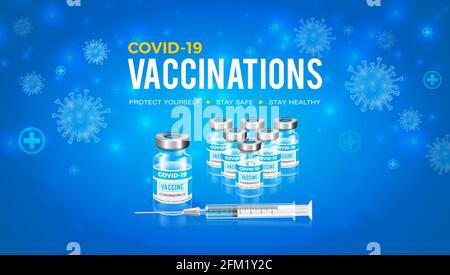 Disegno vettoriale di fondo con il vaccino del coronavirus. Kit vaccino con siringa contro Covid-19. Illustrazione Vettoriale