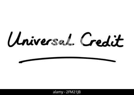 Credito universale, scritto a mano su sfondo bianco. Foto Stock