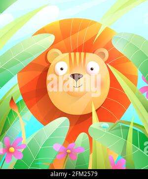 Simpatico baby Lion divertente in natura Safari Zoo per bambini Illustrazione Vettoriale