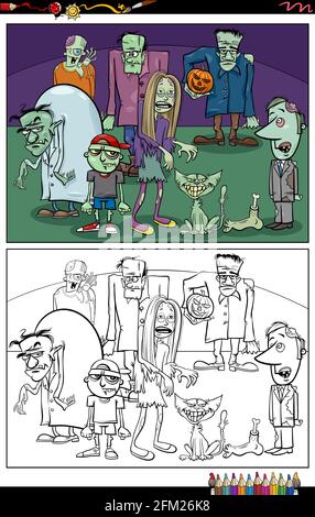 Illustrazione del cartone animato di spaventoso gruppo di caratteri zombie colorare pagina del libro Illustrazione Vettoriale