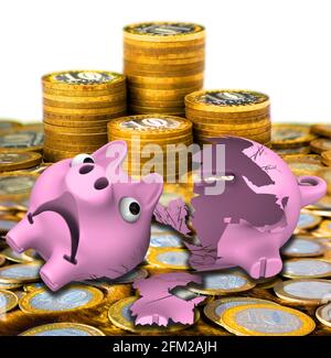 Banca piggy rotta con monete. Scatola di denaro rotta sotto forma di piggy sulla superficie delle monete russe. Illustrazione 3D Foto Stock