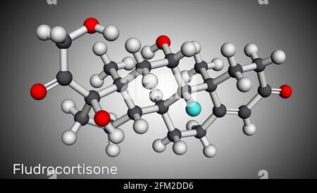 Fludrocortison, molecola di fluorocortisone. È corticosteroide sintetico con proprietà antiinfiammatorie e antiallergiche. Modello molecolare. Rendering 3D Foto Stock