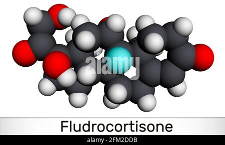 Fludrocortison, molecola di fluorocortisone. È corticosteroide sintetico con proprietà antiinfiammatorie e antiallergiche. Modello molecolare. Rendering 3D Foto Stock