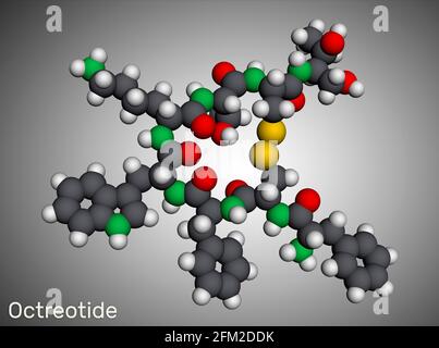 Molecola di octreotide. È ottapeptide, analogo sintetico della somatostatina, inibitore dell'ormone della crescita, glucagone, insulina. Modello molecolare. Rendering 3D Foto Stock