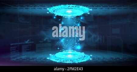 Palcoscenico 3D futuristico circolare ad alta tecnologia con fumo. Proiettore hologram HUD, podio o piedistallo per presentazioni e spettacoli, GUI, UI. Moderno digitale Illustrazione Vettoriale