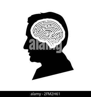 Black dettaglio mans viso profilo con labirinto cervello in testa isolato su bianco Illustrazione Vettoriale