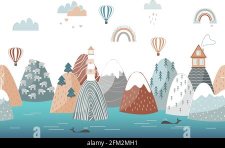 Carino paesaggio senza giunture con onde di mare, montagne, faro, nuvole e arcobaleni. Concetto di viaggio, poster orizzontale per bambini. Orizzontale Illustrazione Vettoriale