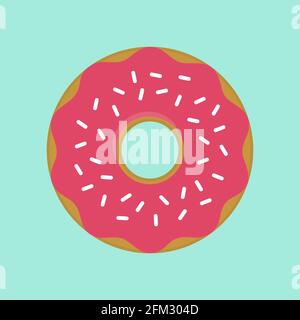 Donut Flat Design Dessert icona. Ciambelle graziose, colorate e lucide con smalto rosa e polvere bianca. Illustrazione Vettoriale