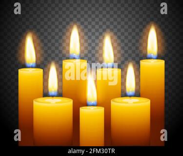 Set di tre candele che bruciano su sfondo scuro Illustrazione Vettoriale