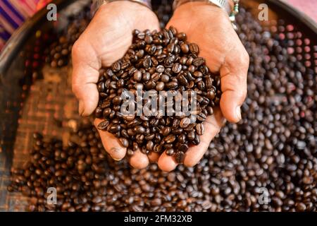 Vista dall'alto di un uomo che tiene in mano chicchi di caffè tostati le mani Foto Stock