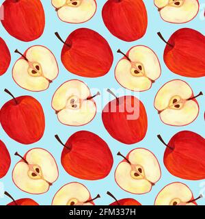 Succosa rosso mele acquerello motivo senza cuciture su sfondo blu cielo Foto Stock