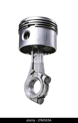 Pistone e biella di un piccolo motore a combustione interna. Pezzi di ricambio per la riparazione e la rigenerazione del motore. Sfondo isolato. Foto Stock