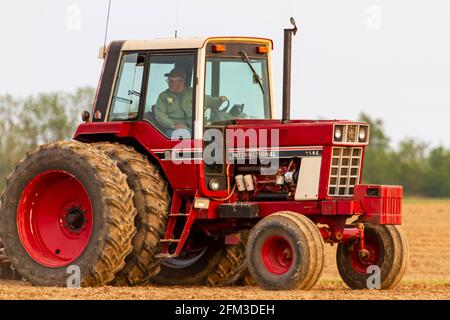 Chestertown, MD, USA 05-02-2021: Primo piano immagine isolata di un trattore internazionale 1586 a sei ruote rosse con cabina che arava un campo agricolo vuoto i Foto Stock
