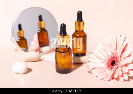 Set di siero per il viso in flaconi di vetro con pipetta, cosmetici naturali biologici per il centro benessere. Gerbera rosa fiore. Concetto di cura della pelle - immagine Foto Stock