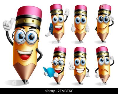 Set di vettori di caratteri matite. Matita caratteri 3d nel pensare e leggere posa e gesti isolati in sfondo bianco per la scuola di istruzione. Illustrazione Vettoriale