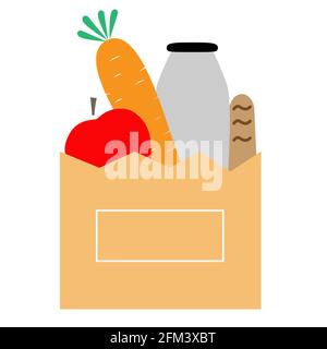 confezione di alimentari icona su sfondo bianco. alimentari in una borsa di carta. segno di alimentari. stile piatto. Foto Stock