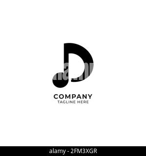 Letter D Alphabet Music Logo Design isolato su sfondo bianco. Concetto iniziale e del logo della nota musicale. Illustrazione Vettoriale