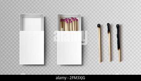 Fiammiferi in scatola, fasi di bruciare dalla testa nera del firebrand al bastone di legno bruciato, fiammiferi con zolfo rosa giacente in custodia aperta isolato su sfondo trasparente, realistico set vettoriale 3d Illustrazione Vettoriale