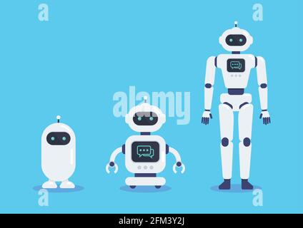 I robot Android impostano la tecnologia Cyborg e la macchina di intelligenza futuristica. Disegno grafico in stile piatto Illustrazione Vettoriale