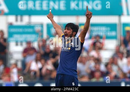 Mohammad Amir of Essex celebra la presa del wicket di Chris Cooke durante Essex Eagles vs Glamorgan, NatWest T20 Blast Cricket al Cloudfm County G. Foto Stock