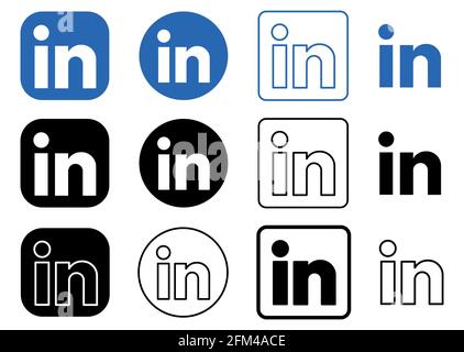 Vinnytsia, Ucraina - 4 maggio 2021: Insieme del social network popolare LinkedIn in forma diversa. Icona vettore editoriale LinkedIn Illustrazione Vettoriale