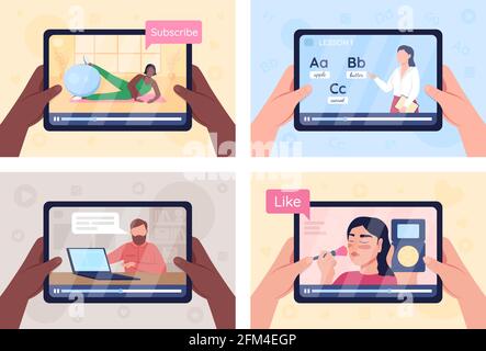 Esercitazioni online sul set di illustrazioni vettoriali a colori piatte per lo schermo del tablet Illustrazione Vettoriale