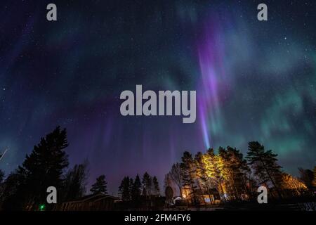 Panoramica Aurora Borealis sulla campagna settentrionale - strisce di luce verde magenta e viola su chiaro senza nuvole cielo stellato notte nero. Reale Foto Stock