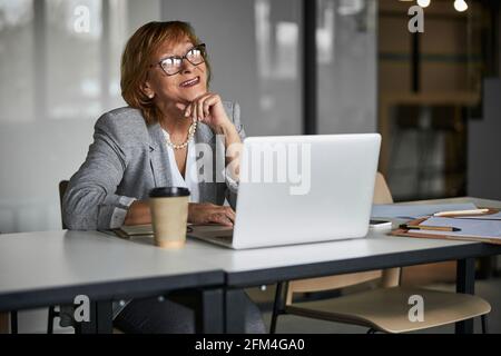 Gioiosa donna d'affari che dà un sorriso allo schermo del laptop durante la riunione Foto Stock