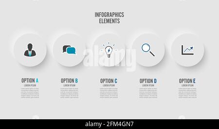 Elementi astratti del modello infografico grafico con etichetta, cerchi integrati. Concetto aziendale con 5 opzioni. Per contenuto, diagramma, diagramma di flusso, fase Illustrazione Vettoriale