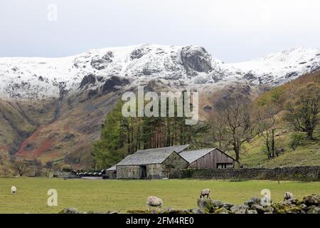 Colomba Crag con una copertura di Spring Snow vista da Hartsop Hall, Lake District, Cumbria, Regno Unito Foto Stock