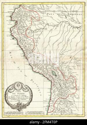 Carta d'epoca in rame incisa dell'Amazzonia occidentale del XVIII secolo. Tutte le mappe sono splendidamente colorate e illustrate mostrando il mondo in quel momento. Foto Stock