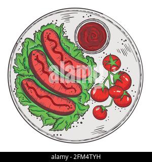 Salsicce alla griglia su un piatto con insalata e pomodori ciliegini. Vettore. Illustrazione Vettoriale