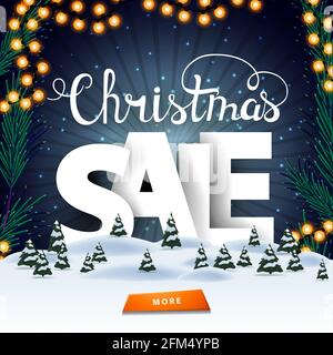 Vendita di Natale, banner sconto quadrato con paesaggio invernale, cielo stellato, bottoni e grandi lunghezze bianche dietro le nevi Foto Stock