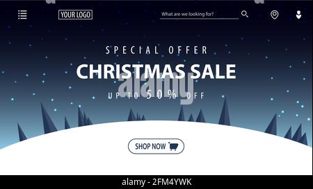Offerta speciale, offerta natalizia, fino a 50, splendido banner con cartoni animati inverno notte stellato paesaggio sullo sfondo Foto Stock