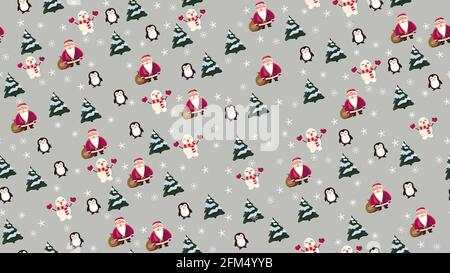 Texture natalizia senza cuciture con Babbo Natale, pinguino, albero di Natale, pupazzo di neve e fiocchi di neve su sfondo grigio Foto Stock