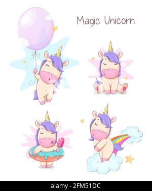 Carino unicorno, set di quattro pose. Divertente magia unicorn personaggio cartoon. Utilizzabile per la stampa, l'invito e altri scopi. Illustrazione vettoriale stock Illustrazione Vettoriale