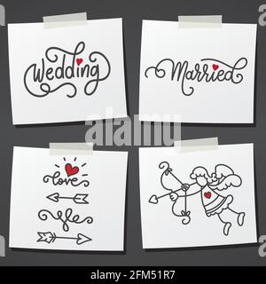 Set di note appiccicose con bastone disegnato a mano e scritte. Tema matrimonio. Illustrazione vettoriale Illustrazione Vettoriale