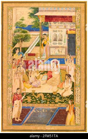 L'imperatore Jahangir (1569-1627), e il principe Khurram (Shah Jahan), (1592-1666), intrattenuto da Nur Jahan (1577-1645), ventesima moglie di Jahangir, dipinto da Mughal School, 1640-1650 Foto Stock