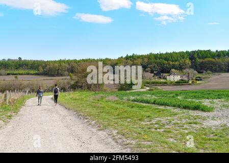 Una giovane coppia che cammina su una pista di gesso nella Surrey Hills campagna vicino Dorking Inghilterra UK Foto Stock