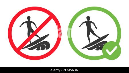 Ammessi e vietati segni di surf vettore immagine piatta isolato su sfondo bianco. L'uomo cavalca le onde sulla tavola da surf, permesso di surf. Icone di sport acquatici in cerchi rossi incrociati e in cerchi verdi. Illustrazione Vettoriale