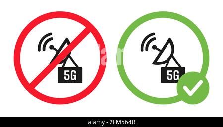 Immagine piatta vettoriale dei segnali wifi da 5 g consentita e proibita. Simbolo di divieto della rete wireless moderna. Icone Wi-fi 5G in cerchio rosso barrato, in cerchio verde. Permesso Internet e vietato. Illustrazione Vettoriale