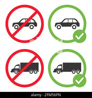 Segnaletica orizzontale consentita e vietata, immagine vettoriale isolata su sfondo bianco. Divieto di trasporto e permesso di parcheggio. Icone di automobili e camion in cerchi rossi incrociati e in cerchi verdi. Illustrazione Vettoriale