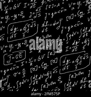 Formule di fisica modello vettoriale scritto a mano, sfondo senza giunture astratto, equazioni disegnate a mano isolate su sfondo nero gesso, scientifico, educat Illustrazione Vettoriale