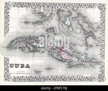 Carta d'epoca in rame incisa di Cuba dal 19 ° secolo. Tutte le mappe sono splendidamente colorate e illustrate mostrando il mondo in quel momento. Foto Stock