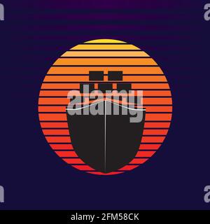 Vettore di container nave carico sul mare e tramonto sullo sfondo. Modello con logo per l'illustrazione della silhouette dell'azienda di trasporto merci Illustrazione Vettoriale