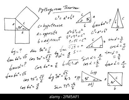 Insieme vettoriale trigonometrico manoscritto, formule matematiche monocromatiche disegnate a mano isolate su sfondo bianco, matematiche, geometriche, scientifiche Illustrazione Vettoriale