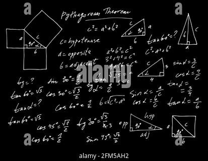 Insieme vettoriale trigonometrico manoscritto, formule matematiche monocromatiche disegnate a mano isolate su sfondo nero, matematiche, scientifiche, geometriche Illustrazione Vettoriale