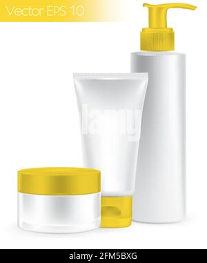 Composizione dei contenitori di confezionamento colore giallo, crema, set di prodotti di bellezza. Illustrazione Vettoriale