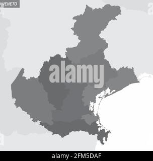 La mappa amministrativa del Veneto divisa in scala di grigi, Italia Illustrazione Vettoriale